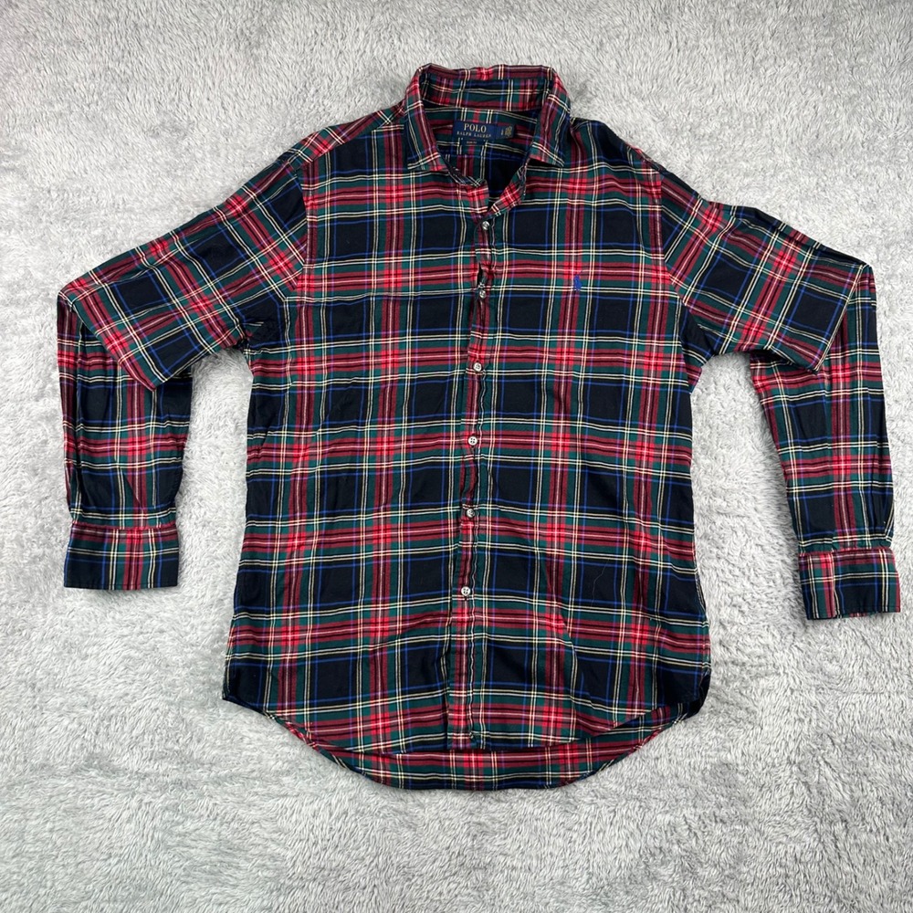 Polo Ralph Lauren Shirt Mens Large Black Red Plaid Button Up Slim Fit Cotton